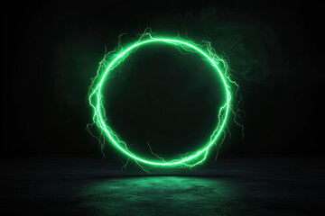 Wall Mural - Green electric circle with lightning on dark background, glowing neon ring symbolizing energy, power, and futuristic technology.