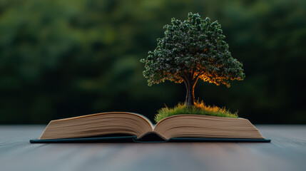 Wall Mural - surreal image of an open book with a miniature tree growing out of its pages, symbolizing knowledge 