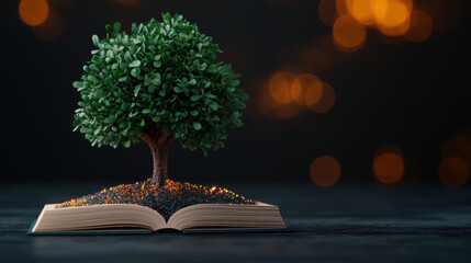 Wall Mural - a small tree growing from an open book, symbolizing knowledge and growth in a metaphorical magical e