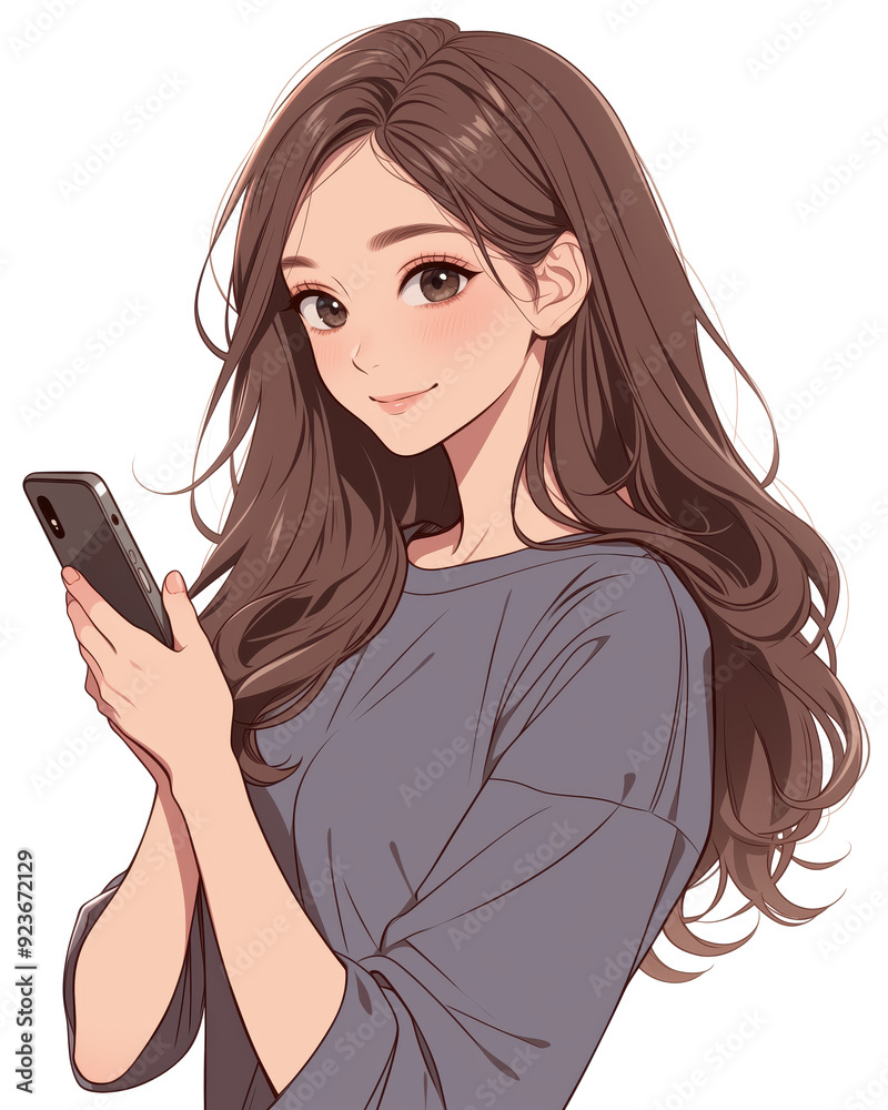 Anime portrait of a young woman with long hair using her smartphone ...