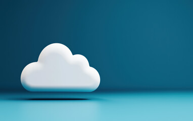 Poster - Minimalistic white cloud isolated on blue background. Concept for cloud computing, data storage, internet, and technology.