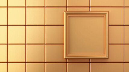 Minimalistic gold framed square on a textured gold tiled wall. Elegant, modern decor concept emphasizing luxury and sophistication.