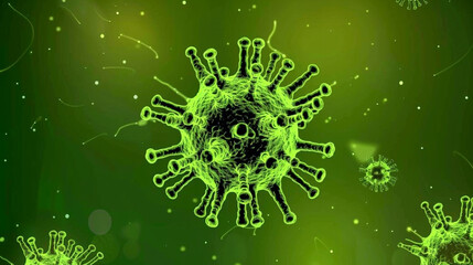 Green virus particles in a digital rendering