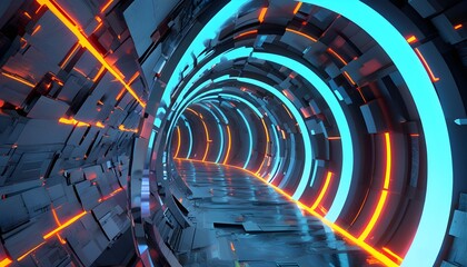 The cool neon tunnel is full of modernity and futuristic technology, revealing mysterious light and shadow effects.