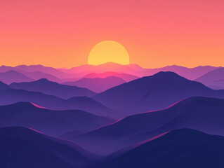 Wall Mural - Sunset view from a mountain peak, with layers of hills fading into the horizon, vector illustration art