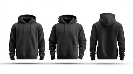 Blank black hoodie template featuring a long-sleeve sweatshirt with a clipping path. Ideal for design mockups and print, isolated on a white background.