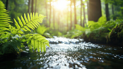 Wall Mural - Sunlit forest stream with vibrant green ferns and lush foliage, capturing the serene beauty of nature in the morning light.