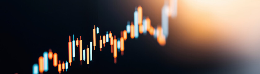 Poster - Abstract financial chart with colorful upward trending candlestick graph on a blurred background, representing stock market growth and analysis.