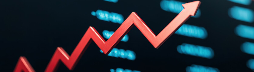 Poster - Close-up of a red upward arrow on a financial chart symbolizing growth and progress in stock market or business performance