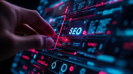 Poster - A hand reaches out to engage with vibrant digital displays showcasing search engine optimization elements in a cutting-edge environment