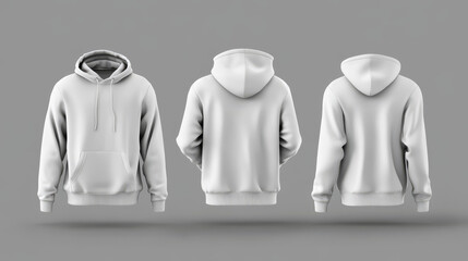 Blank sweatshirt mock-up template featuring front and back views, isolated on a grey background. Includes plain white hoodie mockup for design presentation. Suitable for print on jumpers and sweaters