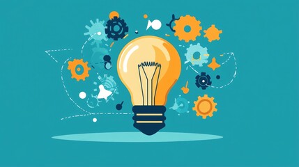 Light bulb with gears turning, ideas leading to growth, flat design illustration 