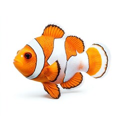 Close-up of a vibrant clownfish with vivid orange and white stripes isolated on a white background.