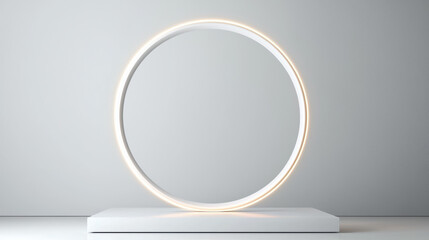 Poster - Modern minimalist white circular LED light sculpture on a white podium against a gray background, perfect for contemporary interior design concepts.