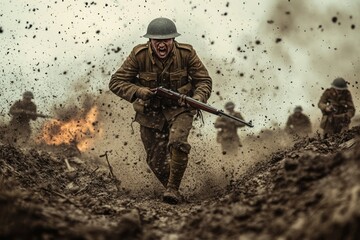 A World War I Soldier Charging Through a Trench Under Fire