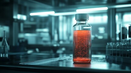 Aufkleber - A vibrant red liquid in a glass bottle catches the eye, illuminated by the soft glow of laboratory lights, hinting at a scientific discovery