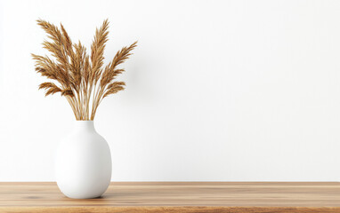 Sticker - Minimalist white vase with dried wheat stems on a wooden table against a plain white background. Simple, elegant, and natural home decor.