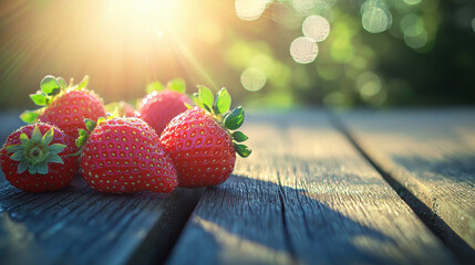 Wall Mural - A close-up shot of fresh and ripe strawberries, highlighting their vibrant red color and lush green leaves, with sunlight creating beautiful highlights and shadows.