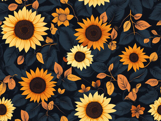 Wall Mural - Bold sunflowers in warm tones with leafy accents against a dark, contrasting background, seamless pattern