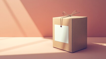 Wall Mural - Cardboard box with blank label is standing on pink background