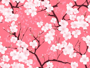 Wall Mural - Elegant cherry blossoms in pink and white with intricate branch details, seamless pattern