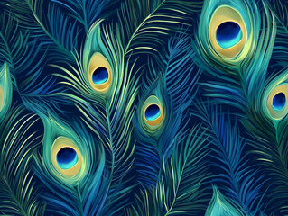 Wall Mural - Peacock feathers in vibrant blues and greens with intricate eye details, seamless pattern