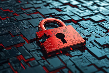 Poster - Concept of cybersecurity with a red padlock on broken digital circuits symbolizing data protection, network security, and system privacy.