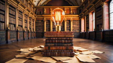 Poster - A cinematic image of a vintage-style light bulb glowing atop a stack of old books in a grand library, symbolizing knowledge and enlightenment