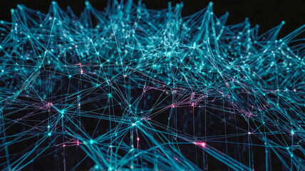 Poster - A computer-generated image of an intricate network of glowing blue lines and dots, symbolizing connectivity, data, or neural networks