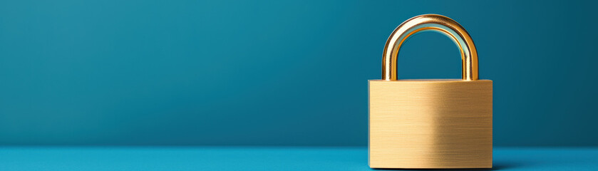 Poster - Golden padlock on a bright turquoise background, symbolizing security and protection. Perfect for themes of safety, privacy, and security.