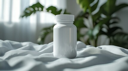 Aufkleber - A minimalistic white bottle sits gracefully on a textured surface, basking in soft, ambient light filtering through delicate curtains