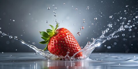 Aufkleber - Water splash on a ripe strawberry , Fresh, fruit, red, juicy, organic, healthy, droplets, splashing, summer, refreshment