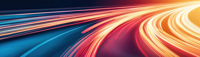 Poster - Vibrant light trails of fast-moving traffic on a curving road, creating a dynamic and futuristic city nightscape with streaks of blue, red, and orange lights.