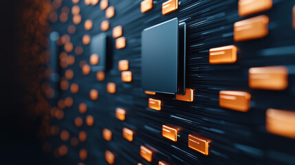 Poster - Close-up of black squares and orange rectangles on black background, showcasing modern technology theme in a sleek, futuristic design.