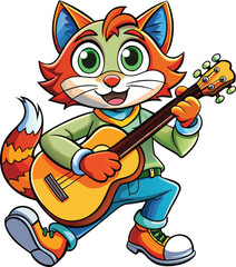 Sticker - A cat playing a guitar cartoon illustration