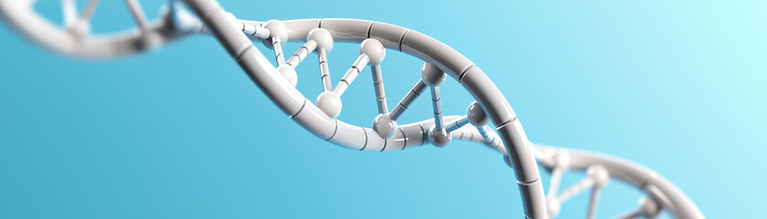 Poster - Close-up of a  digital  of a DNA strand on a blue background, depicting genetic science and biotechnology concepts.