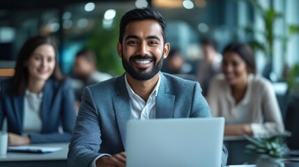 Poster - A young man exudes confidence as he engages with colleagues in a vibrant, collaborative office setting, surrounded by plants and natural light