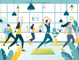 Corporate wellness program, employees exercising, flat design illustration