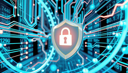 Poster - Shield with a padlock on top of it, surrounded by digital numbers and lines. It is an animated image, suggesting that the image is related to cybersecurity.