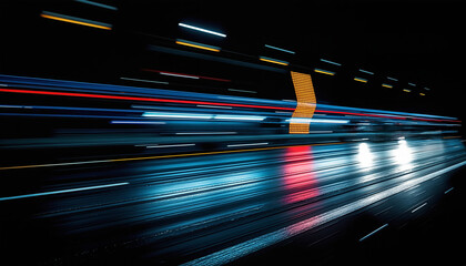 Poster - white car driving down a city street at night, illuminated by the lights of the buildings in the bac