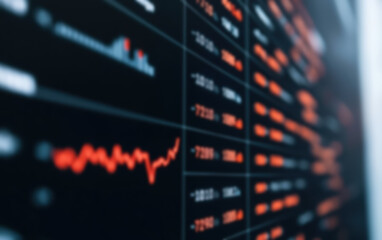 Poster - Blurred financial dashboard with red and black graph showing market trends and data points. Suitable for financial analysis, stock market reports, business presentations.