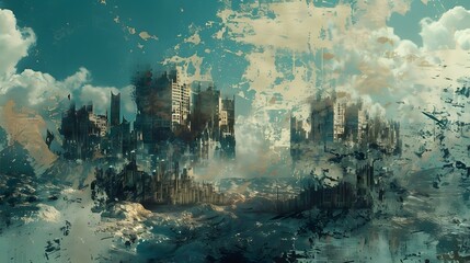 Canvas Print - A cityscape with a lot of buildings. The buildings are in ruins and the sky is cloudy