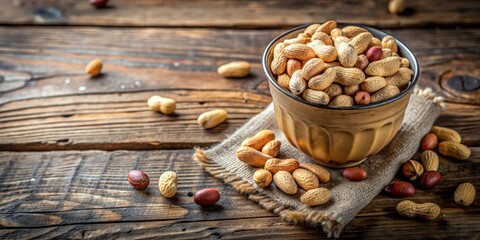 Poster - A cup of peanuts, both shelled and unshelled, on a rustic wooden surface , peanuts, cup, shelled, unshelled, rustic, wooden, surface