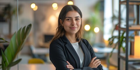 Wall Mural - A woman in a business suit is posing for a picture in front of a plant. Concept of professionalism and confidence, as the woman stands tall and crosses her arms