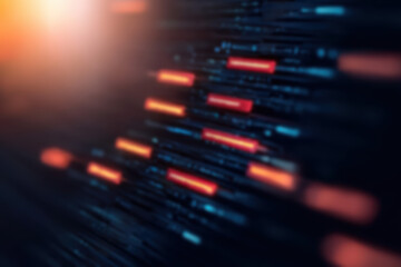 Poster - Abstract blurred glowing red light streaks on dark background, conveying speed and technology.