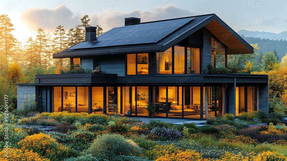 Modern Smart Home Exterior: A 16:9 view of a modern smart home exterior ...
