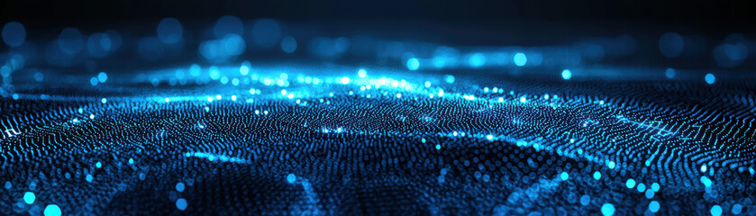 Poster - Abstract digital wave of glowing particles, futuristic technology background with depth of field effect, suitable for design, and innovation concepts.