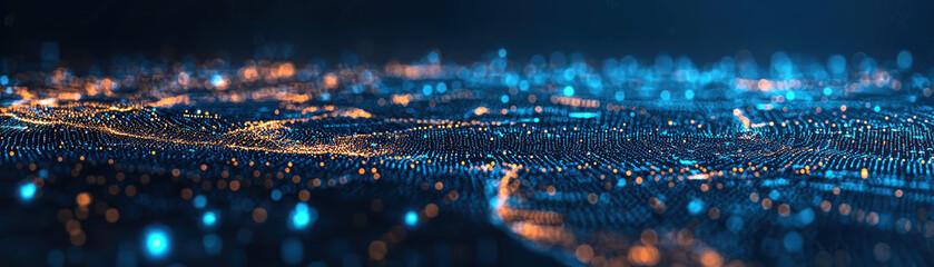 Poster - Abstract futuristic blue and orange digital data visualization with dots and lines, representing technology, network, and communication concepts.