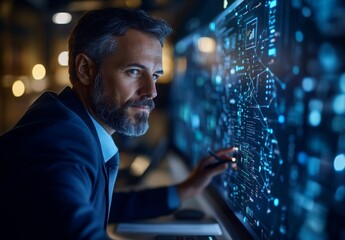 businessman working in a fully digital environment, where data streams, virtual assistants, and connection lines replace traditional office tools