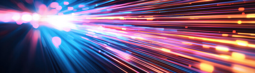 Poster - Vivid abstract background of colorful neon light trails creating dynamic motion, representing fast technology, speed, and data flow.
